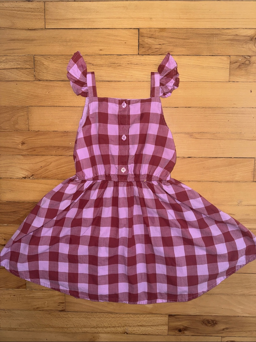 Girls Pink and Burgundy Check Ruffle Strap Dress